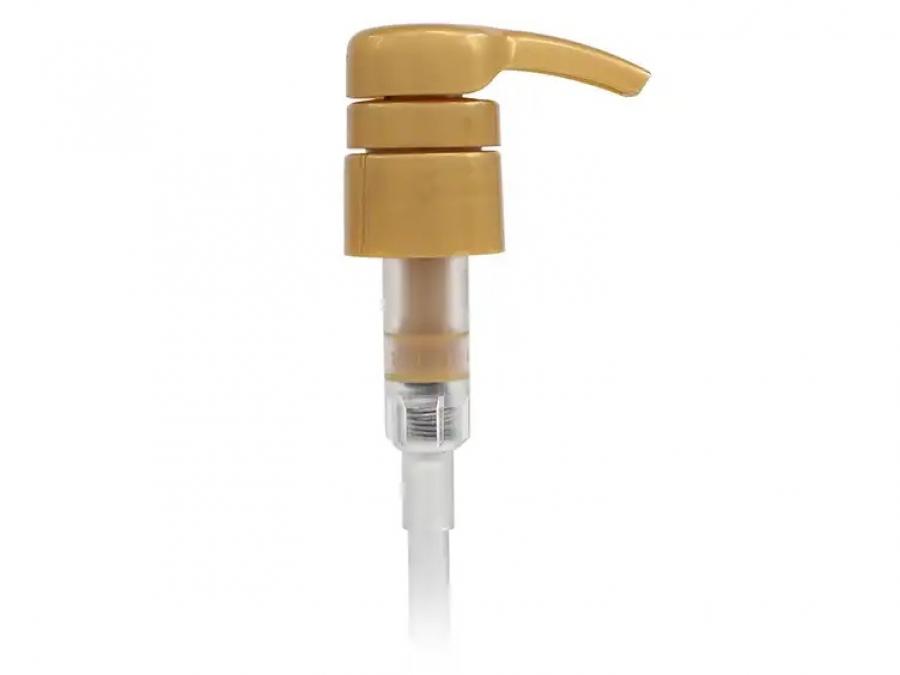 28-410 Gold PP Plastic Lotion-Soap Pump-Lock Down Shower Proof Head-3.5 cc Output-9 3/8 in. DT