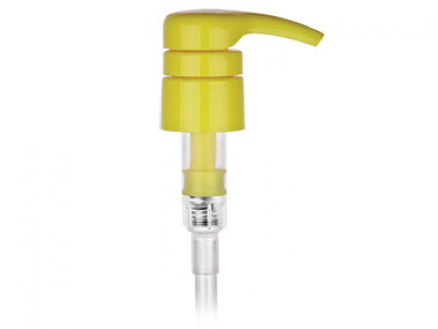 28-410 Yellow Plastic Lotion-Soap Pump-Lock Down Shower Proof Head-4 cc Output-9 1/16 in. DT