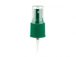 22-415 Green Ribbed Fine Mist PP Plastic Pump Sprayer w/ 6 9/32 in. Diptube & Clear PP Hood