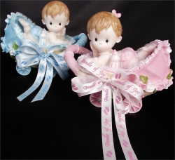 Baby Ribbon in 25 yd. spool of 5/8 in. wide satin Bundle of Joy in 2 colors