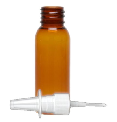 1 oz. Amber 20-410 Round Bullet PET (BPA Free) Translucent Plastic Bottle w/ White Fine Mist Nasal Sprayer 3 1/2 in. DT