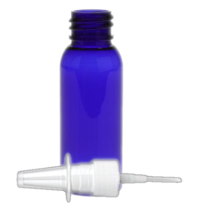 1 oz. Blue Cobalt 20-410 Round Bullet PET (BPA Free) Translucent Plastic Bottle w/ White Fine Mist Nasal Sprayer 3 1/2 in. DT