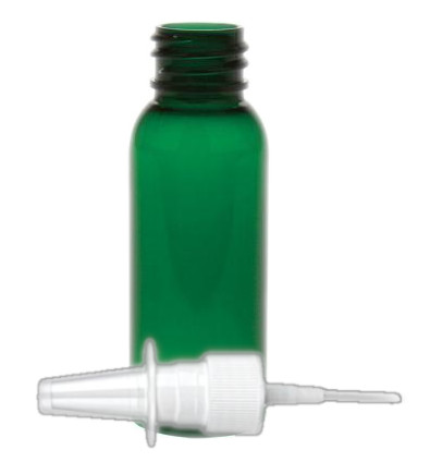 1 oz. Green 20-410 Round Bullet PET (BPA Free) Translucent Plastic Bottle w/ White Fine Mist Nasal Sprayer 3 1/2 in. DT