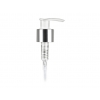 24-410 Silver Shiny Metal-White PP Plastic Lotion-Soap Pump w/ 1.2 cc Output, Lock-Up Head & 6 1/16 in dip tube (Stock)