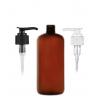 16 oz. Amber Dark 24-410 PET Semi-Translucent Boston Round Plastic Bottle w/ Black Ribbed Lotion Pump-Lock-Down-7 1/2 in. dt.